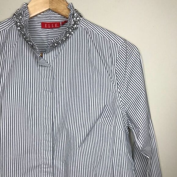 Elle Sz 8 Striped Button Up Shirt Detailed Neck - Picture 1 of 5